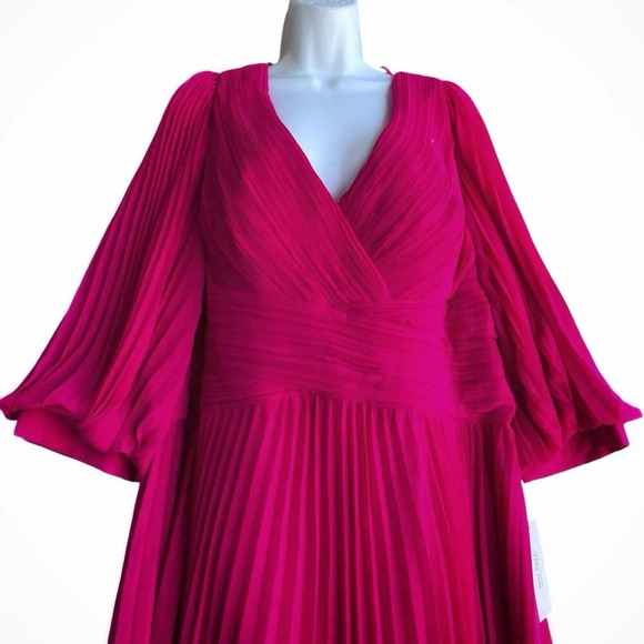 Rickie Freeman for Teri Jon V-Neck Puff Sleeve Pleated Chiffon Gown Pink Plus 22 - Picture 4 of 5